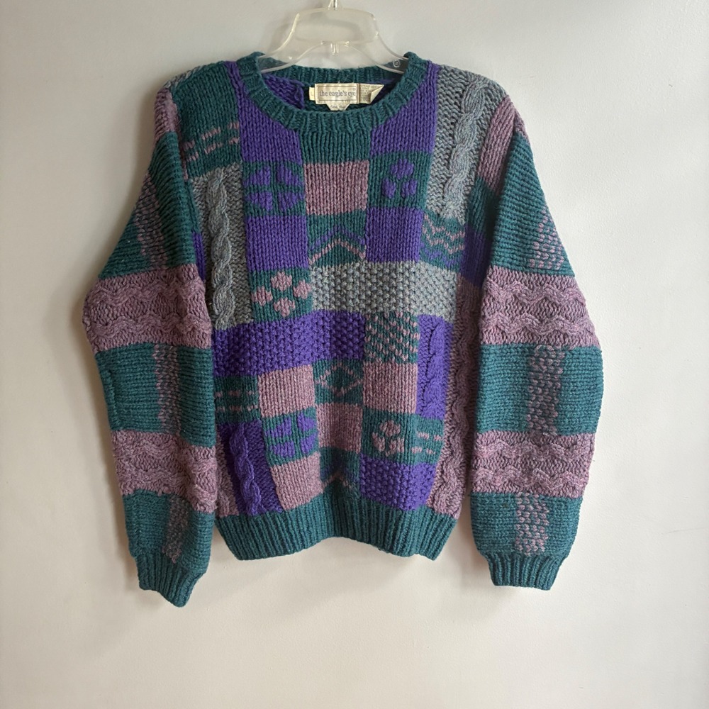 The Eagle's Eye Vintage Patchwork Wool Sweater Womens Large Purple Cottagecore